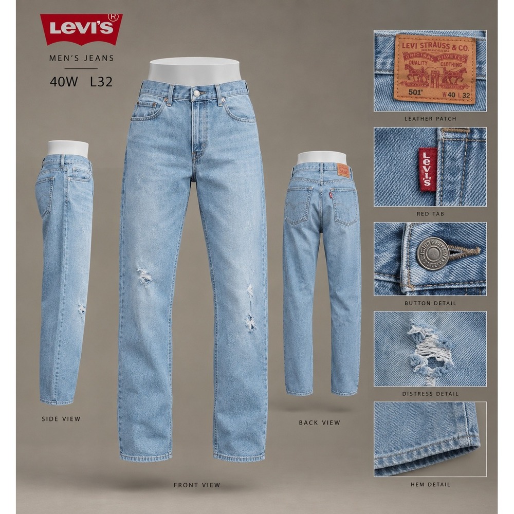 Levis 501 Original Fit Mens Jeans 40x32 Light Wash Distressed Blue Denim